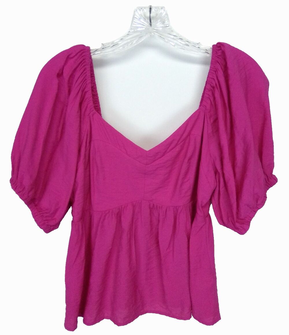 Nine West Women's Hot Pink Sweetheart Neckline Puff Off Shoulder Baby Doll Top L